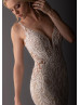 Long Sleeve Beaded Ivory Lace Tulle Deep V Buttons Back Wedding Dress